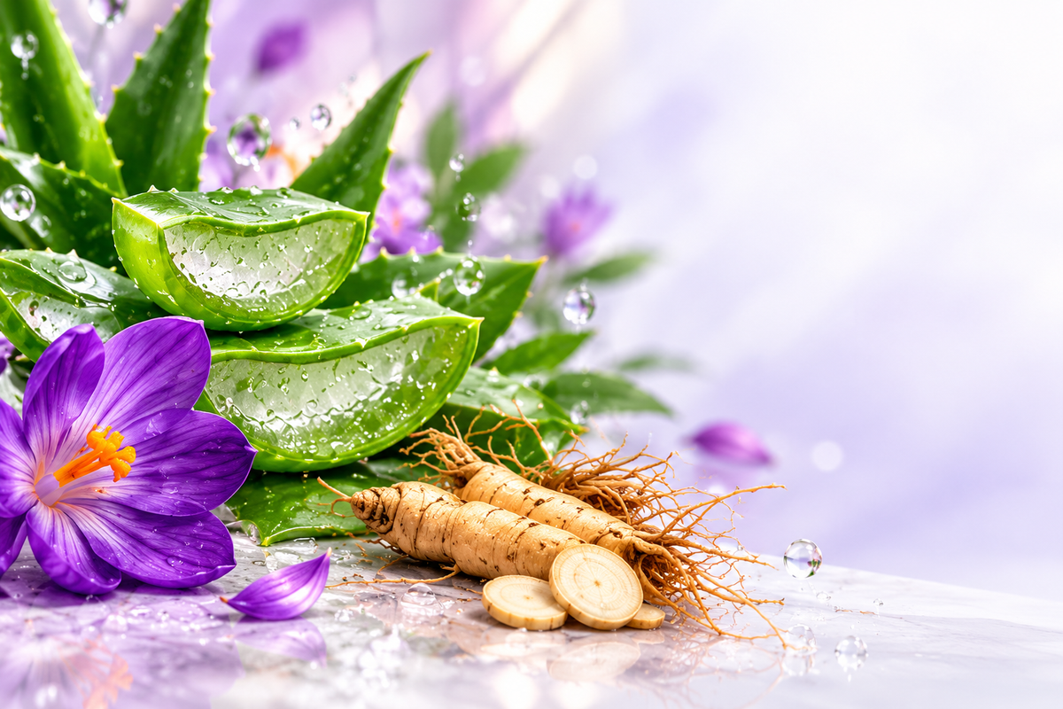 Botanical skincare ingredients with fresh water droplets